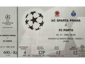 Vstupenka AC Sparta v. FC Porto, UEFA CHL, 1999