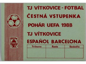 Vstupenka čestná, UEFA, TJ Vítkovice v. Espaňol Barcelona, 1988