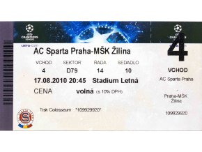 Vstupenka UEFA CHL , Sparta Praha v. MŠK Žilina, 2010