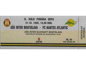 Vstupenka UEFA, AŠK Inter Bratislava v. FC Nantes Atlantic, 1999