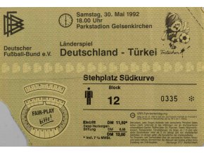Vstupenka fotbal , Deutschland v. Turkei, 1992