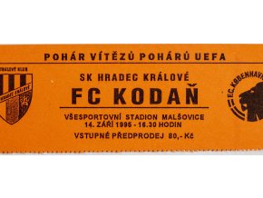 Vstupenka fotbal , PVP, SK Hradec Králové v. FC Kodaň, 1995