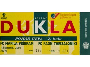 Vstupenka fotbal UEFA, Marila Příbram v. FC Paok Thessaloniki, 2001