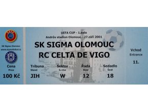Vstupenka fotbal UEFA, Sigma Olomouc v. RC Celta Vigo, 2001, blue (1)