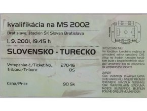 Vstupenka fotbal, Slovensko v. Turecko, Q2002, 2001