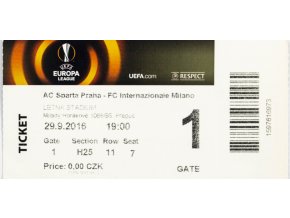 Vstupenka fotbal,UEFA, AC Sparta Praha v. FC Internazonale Milano, 2016