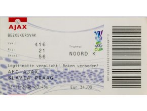 Vstupenka fotbal , UEFA . AFC Ajax. Slavia, 2008