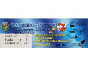 Vstupenka fotbal , ČR v. Švýcarsko, 1999