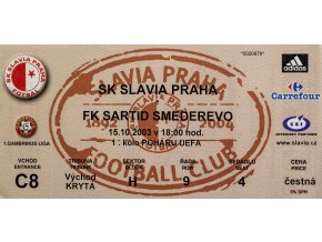 Vstupenka fotbal UEFA, SK Slavia Praha v. FK Sartid Smederevo, 2003