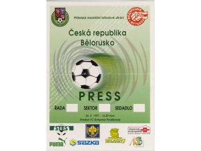 Vstupenka fotbal , ČR v. Bělorusko, 1997, PRESS