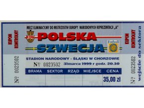 Vstupenka fotbal , Polska v. Szwecija, 1999
