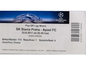 Vstupenka fotbal, SK Slavia Praha v. Apoel, FC, 2017