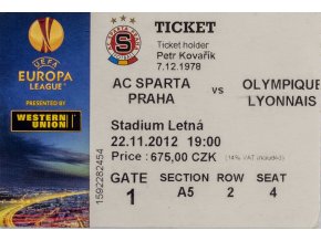 Vstupenka fotbal, AC Sparta Praha v. Olympique Lyonnais, 2012