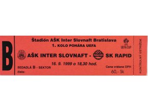 Vstupenka fotbal, AŠK Slovan Bratislava v. SK Rapid, 1999, B