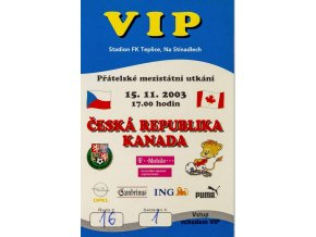 Vstupenka fotbal, ČR v. Kanada, 2003, VIP