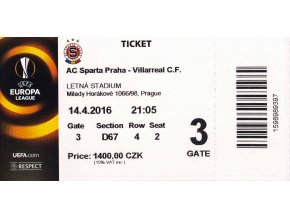 Vstupenka , AC Sparta Praha v. Villarreal, CF, 2016