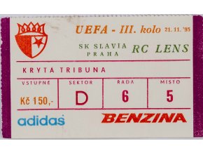 Vstupenka fotbal SK Slavia Prague vs. RC Lens, 1995