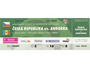 Vstupenka fotbal, ČR v. Andora, Q2006, 2005 zelená