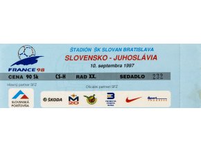 Vstupenka fotbal, Slovensko v. Juhoslavia, 1997