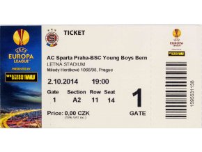 Vstupenka UEFA,VIP, AC Sparta Praha v. BSC Young Boys Bern, 2014, 2