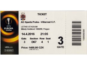 Vstupenka fotbal, AC Sparta Praha v. Villareal CF, 2016