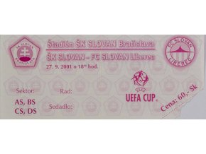 Vstupenka fotbal, Slovan Bratislava v. Slovan Liberec, UEFA 2001