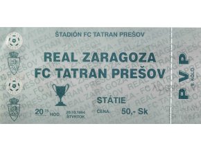 Vstupenka fotbal ,PVP, Real Zaragoza . FC Tatran Prešov,1994