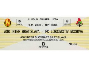 Vstupenka fotbal, PVP, AŠK Inter Slovnaft v. FC Lokomotiv Moskva, 2000