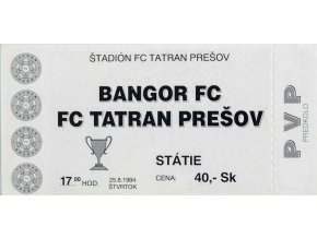 Vstupenka fotbal, Bangor FC v. FC Tatran Prešov, 1994 (2)