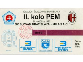 Vstupenka fotbal ,PEM, ŠK Slovan Bratislava v. Milan AC, 1992(1)