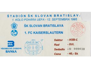 Vstupenka fotbal ,UEFA, ŠK Slovan Bratislava v. 1 FC Kaiserslautern, 1995