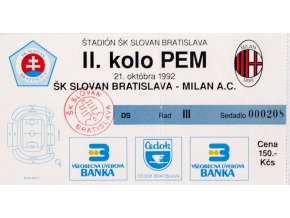 Vstupenka fotbal ,PEM, ŠK Slovan Bratislava v. Milan AC, 1992(2)