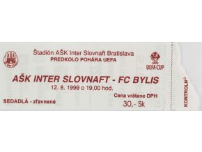 Vstupenka fotbal UEFA, AŠk Inter Slovnaft v. FC Bylis, 1999