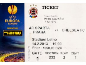 Vstupenka UEFA EL, Sparta Praha v. Chelsea FC, 2013 II