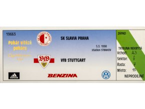 Vstupenka SK Slavia Praha vs. VfB STUTTGART, PVP 1998