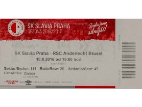 Vstupenka fotbal SK Slavia Praha vs. RSC Anderlecht Brusel, 2016 (1)