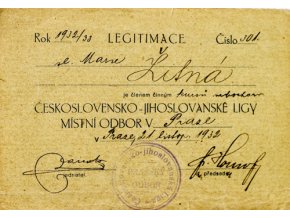 Legitimace Československé jihoslovanské ligy, 1932Legitimace Československé jihoslovanské ligy, 1932