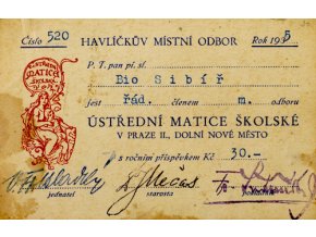 Členská legitimace Ústřední matice školské, 1935Členská legitimace Ústřední matice školské, 1935