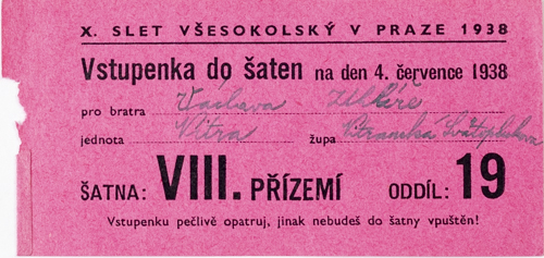 Vstupenka X. všesokolský slet v Praze, do šaten na 4.VII..1938