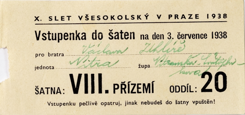 Vstupenka X. všesokolský slet v Praze, do šaten na 3.VII.1938