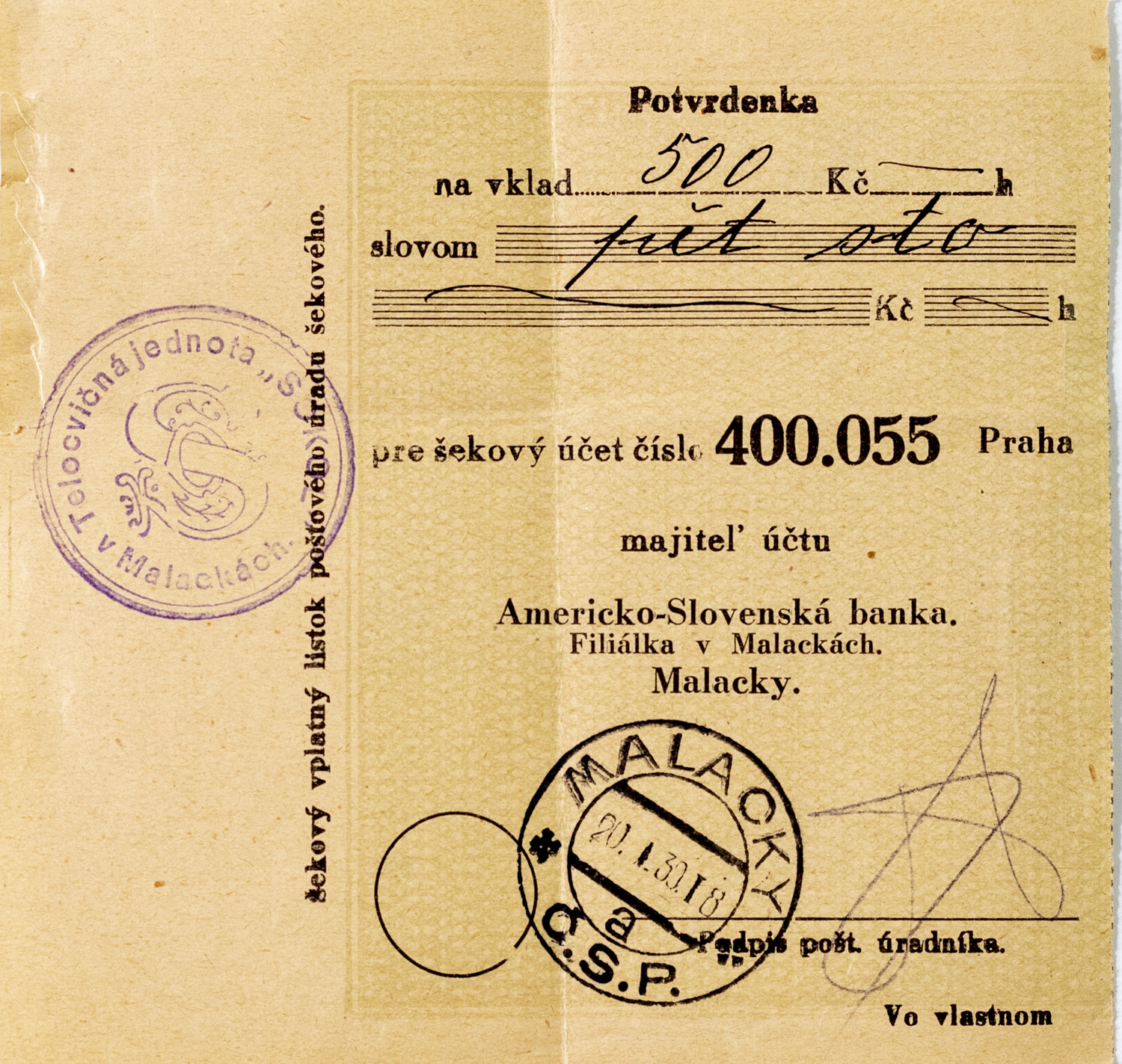 Potvrzenka Sokol o vkladu 500 Kč, 1930