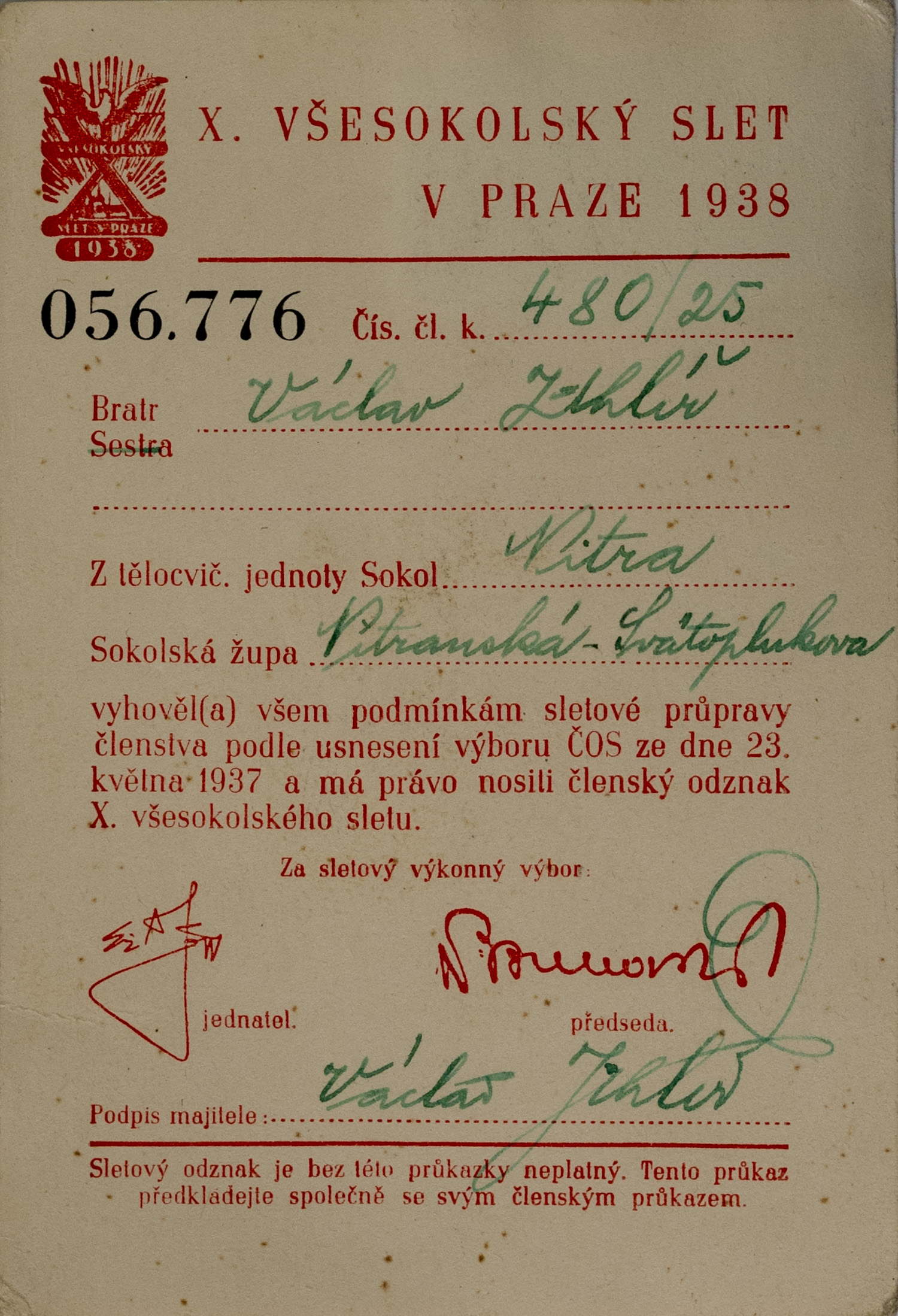 Průkaz X Všesokolský slet v Praze, 1938