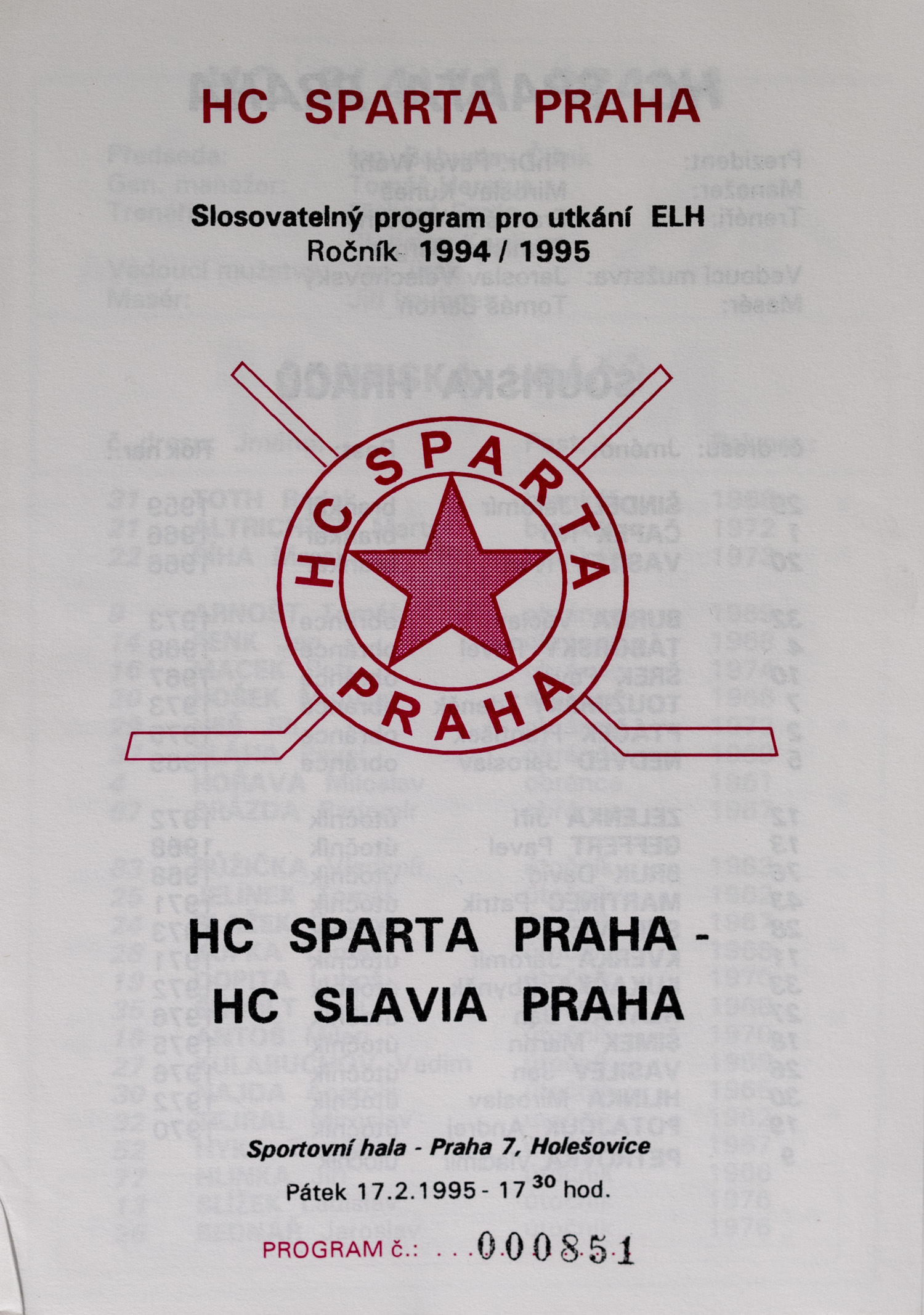 Program hokej, HC Sparta Praha vs. HC, Slavia Praha, 1995