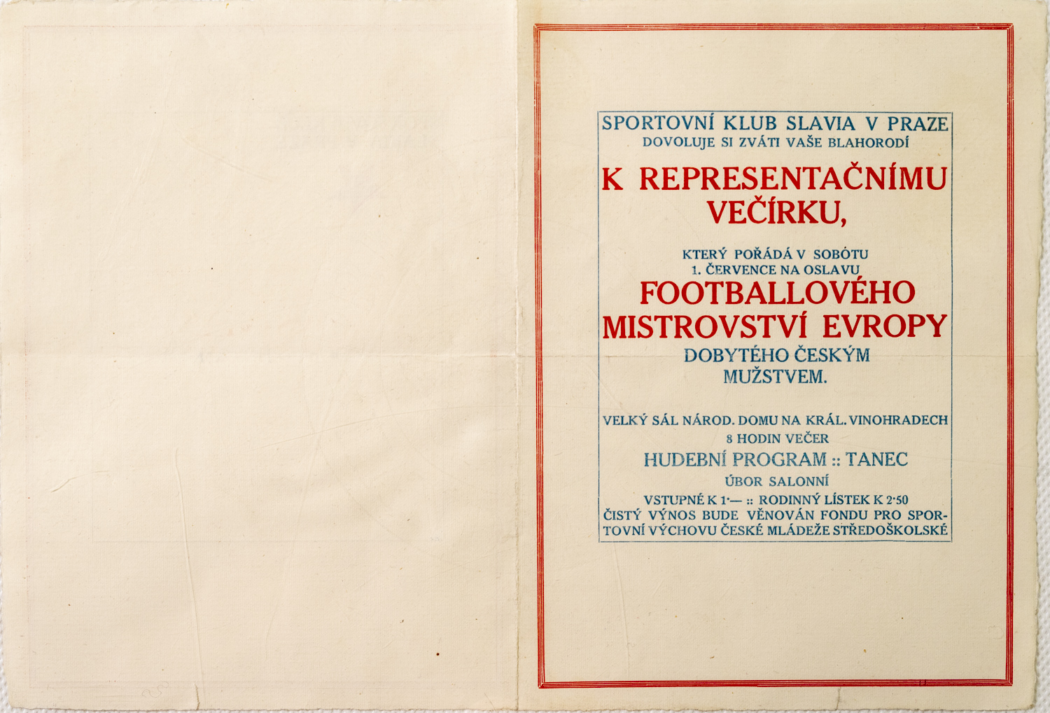 Pozvánka SK Slavia večírku k oslavě Footbalového ME Evropy, 1911
