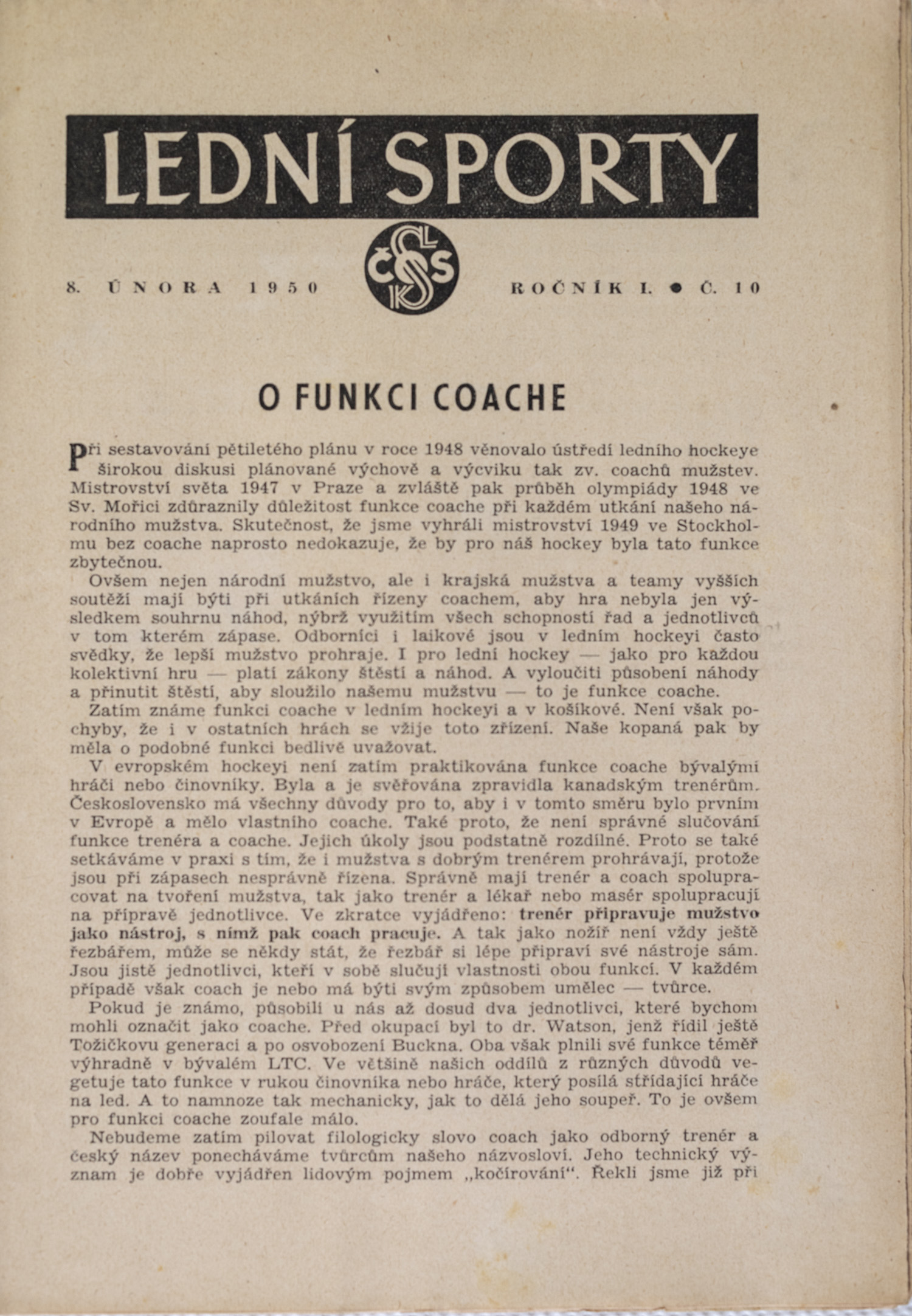 Brožura Sokol, Lední sporty , O funci coache 1950