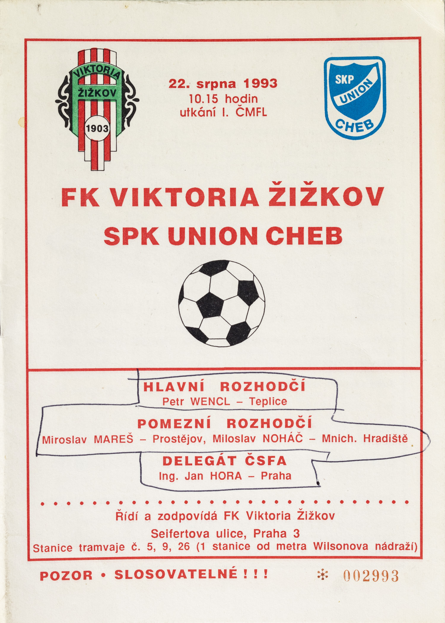 Program - FK Viktoria Žižkov vs. SPK Union Cheb, 1993