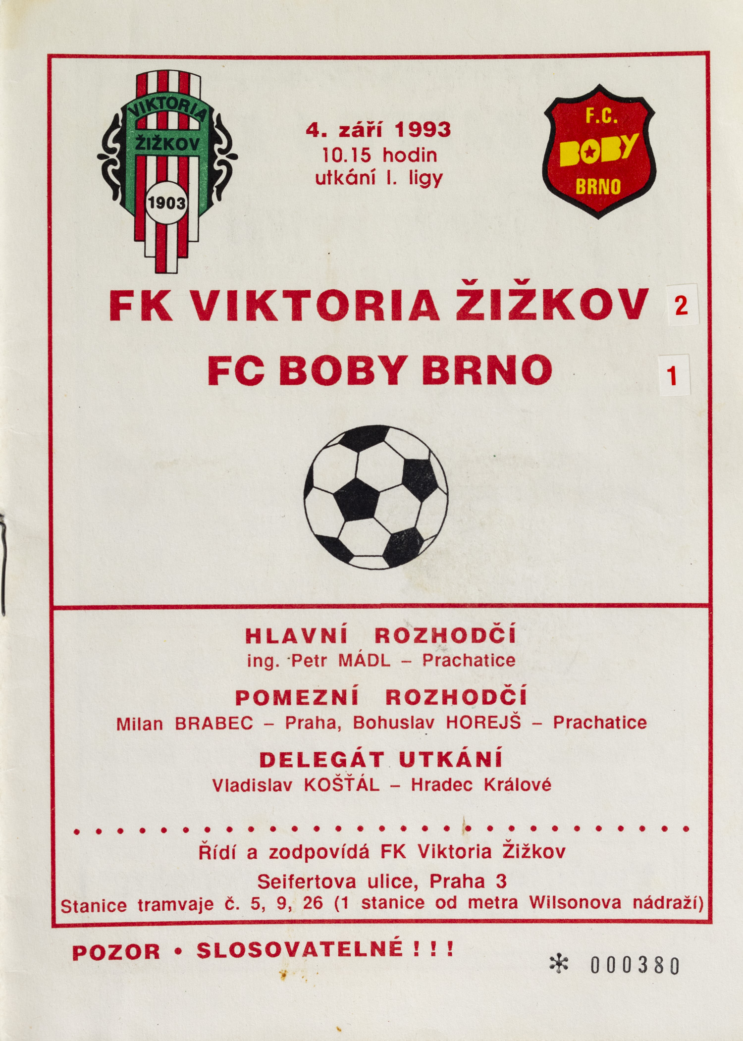 Program - FK Viktoria Žižkov vs. FC Boby Brno, 1993