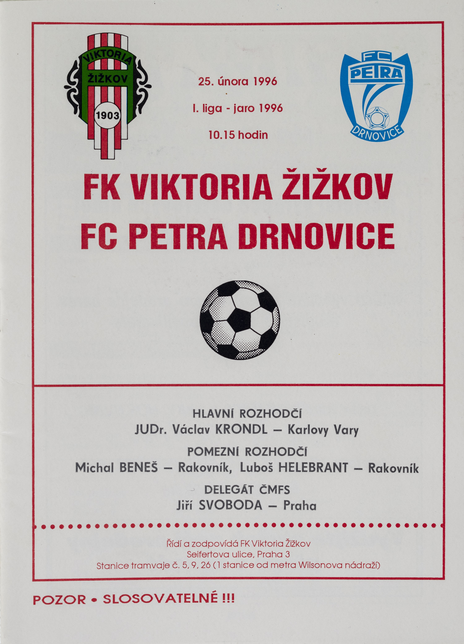 Program - FK Viktoria Žižkov vs. FC Petra Drnovice, 1996