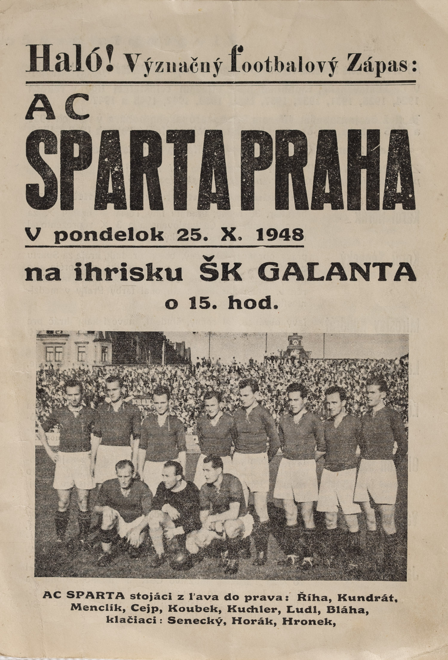Program AC Sparta Praha na ihrisku ŠK Galanta, 1948