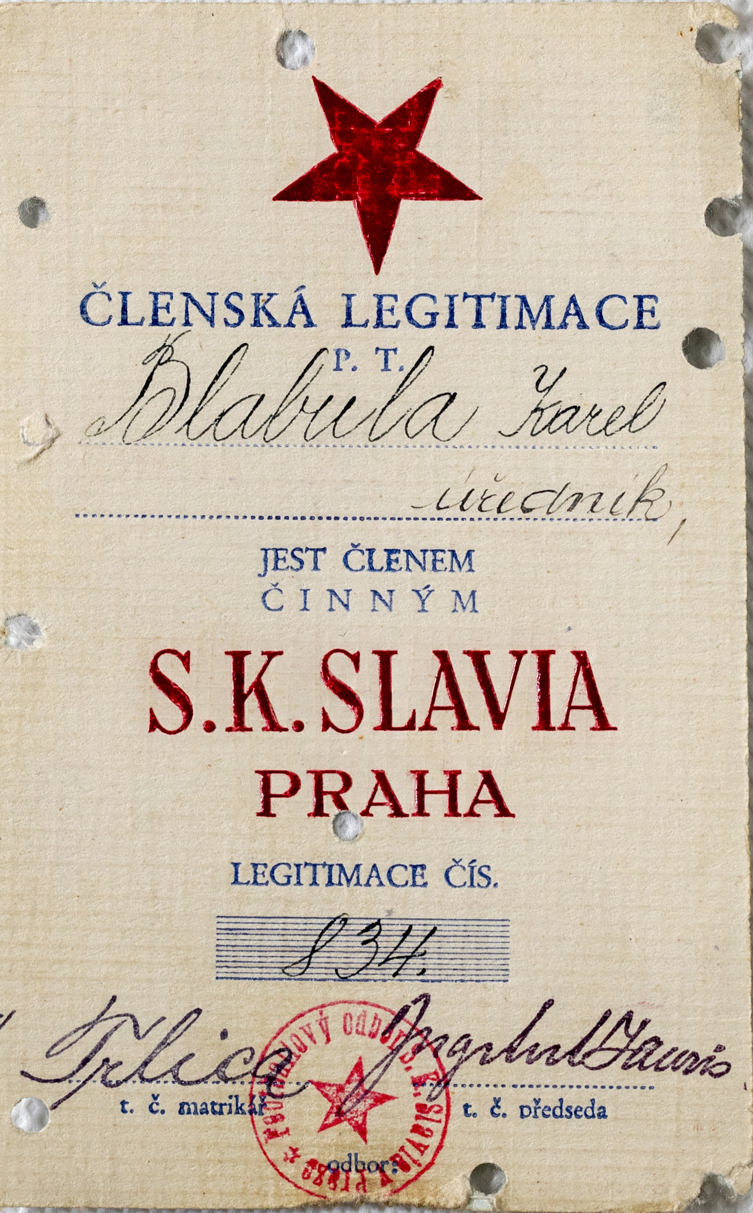 Členská legitimace P.T. klubu S.K.SLAVIA PRAHA z roku 1933